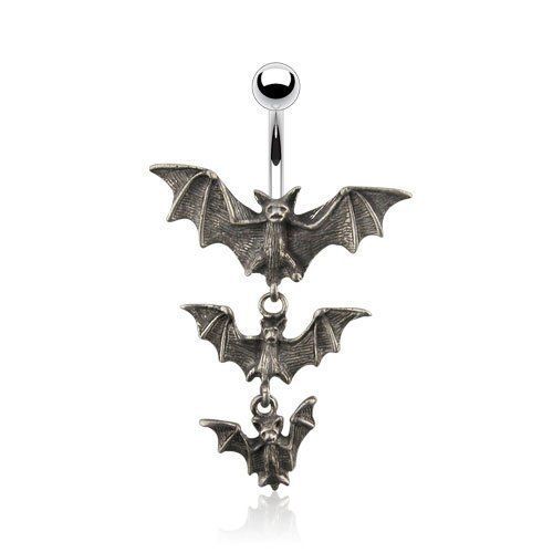 Surgical Steel Navel Belly Button Ring: Gothic Tri-Vampire Bats Dangle - vitalbodyjewelry