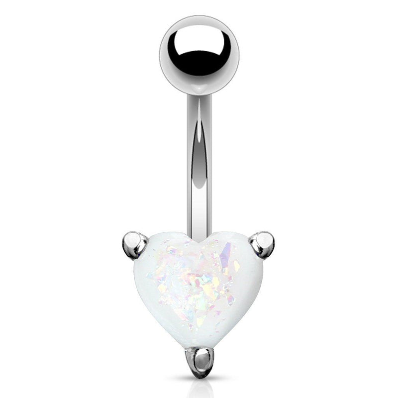 14G surgical steel navel ring with opal glitter heart design, externally threaded for secure wear and comfort.