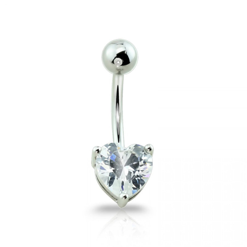 14G surgical steel belly ring with heart-shaped cubic zirconia gem, non-dangle design for comfortable everyday wear