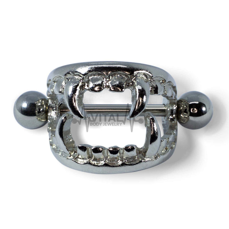 14G surgical steel nipple shields with vampire fang design for bold and unique body jewelry style