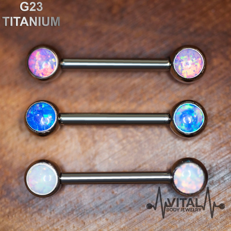 14G titanium nipple barbells with 5mm opal ends featuring internally threaded design, perfect for comfortable everyday wear