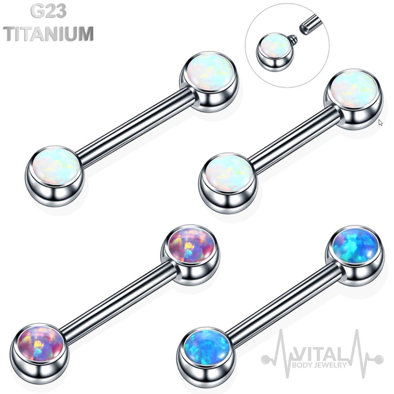 14G titanium nipple barbells with 5mm opal ends, featuring an internally threaded design for comfortable wear