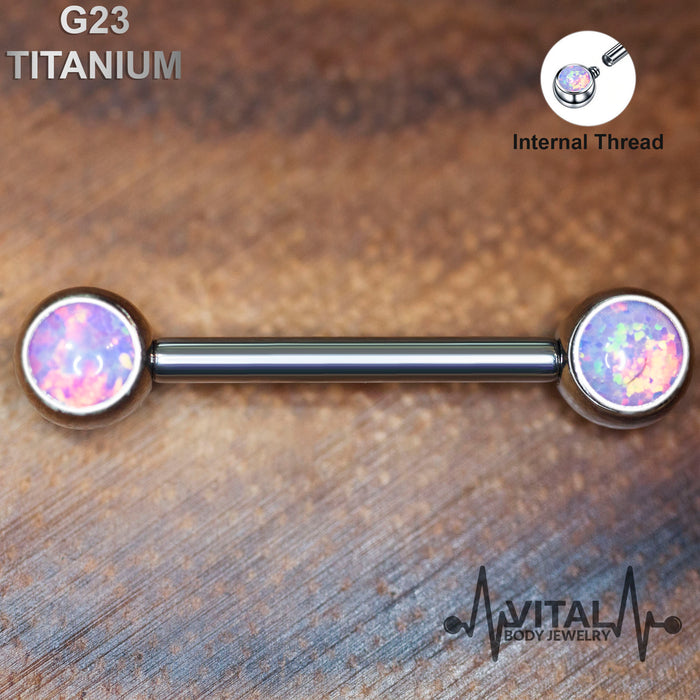 Pair of Titanium Nipple Barbells, 5mm Opal Ends, 14G, Internally Threaded Vital Body Jewelry