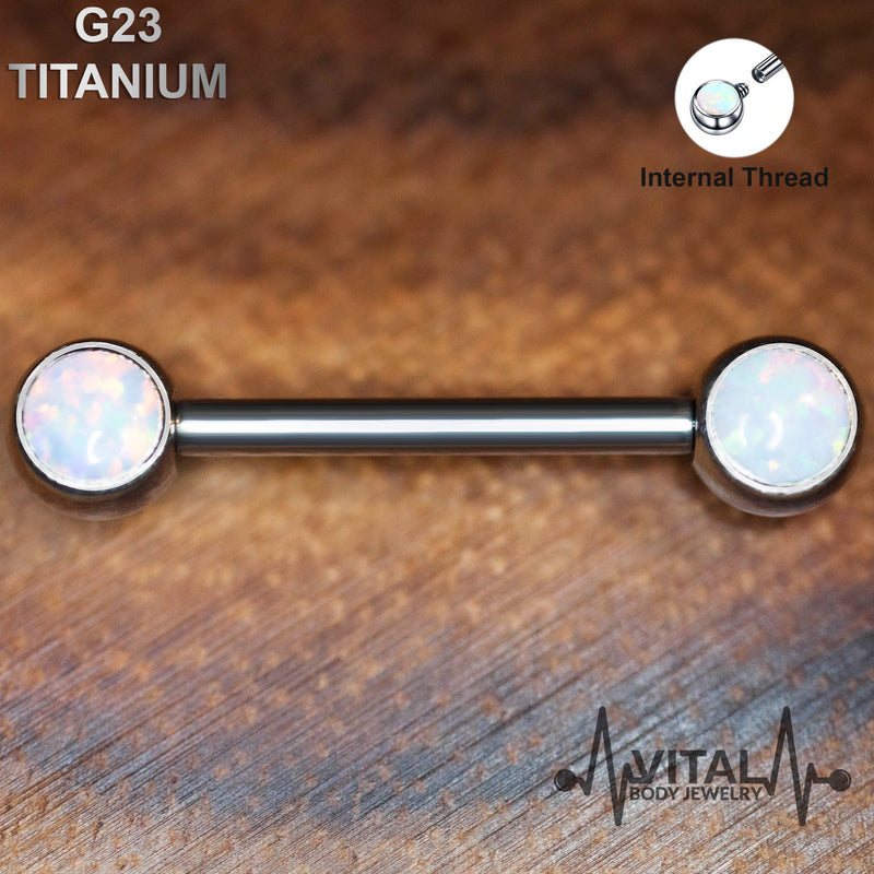 14G titanium nipple barbells with 5mm opal ends, featuring internally threaded design for comfortable wear and a secure fit