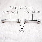 14G PVD coated surgical steel nipple barbell with smooth black finish and externally threaded design, available in 1/2" and 5/8" lengths