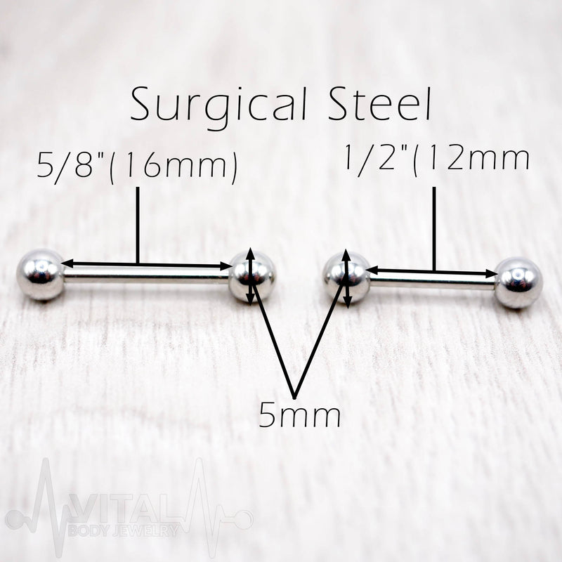 14G PVD coated surgical steel nipple barbell with smooth black finish and externally threaded design, available in 1/2" and 5/8" lengths