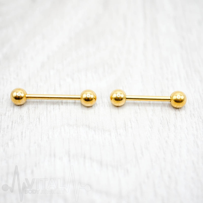 14G PVD coated surgical steel nipple barbell with a smooth black finish and 5mm ball ends, designed for comfort and secure fit