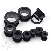 10G PVD coated surgical steel flesh tunnels with screw fit design and stunning black finish for comfortable wear.