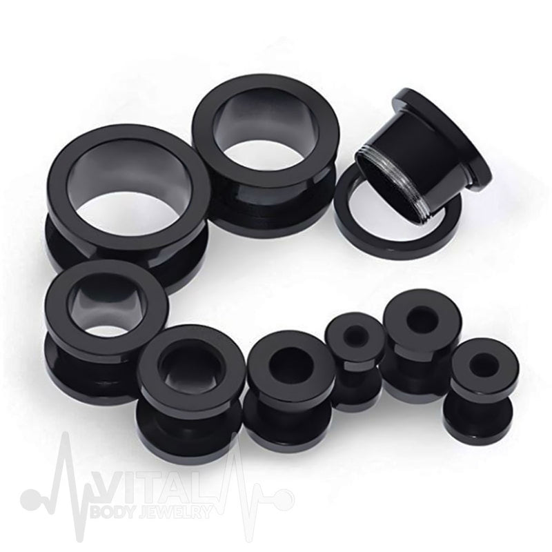 10G PVD coated surgical steel flesh tunnels with screw fit design and stunning black finish for comfortable wear.