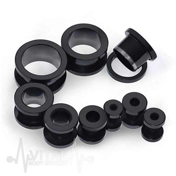 Pair of Black Screw Fit Flesh Tunnels, PVD Coated, 10G To 1 Inch | Surgical Steel