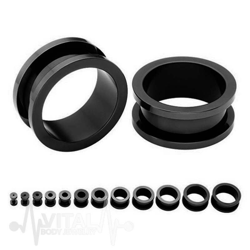 10G PVD coated surgical steel flesh tunnels with screw fit design and stunning black finish for comfortable wear