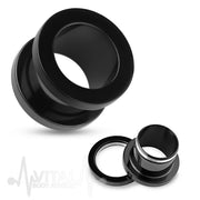 10G PVD coated surgical steel screw fit flesh tunnels in black finish, designed for comfortable and secure wear in various piercings.