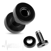 10G PVD coated surgical steel flesh tunnels with screw fit design and stunning black finish, perfect for earlobes and cartilage piercings