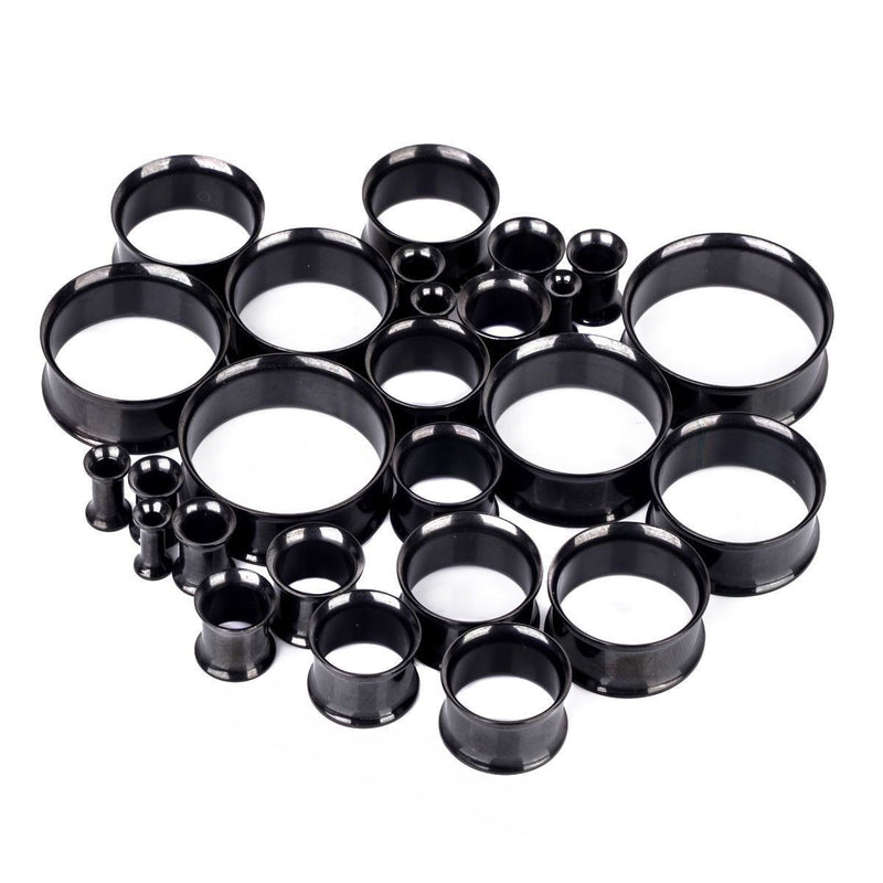 6GA PVD coated surgical steel double flared tunnel eyelets with a sleek black finish for secure and comfortable wear