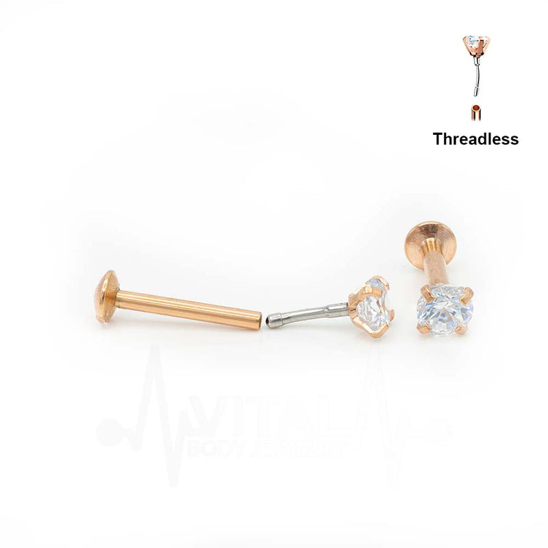 18G surgical steel labret stud with threadless design and cubic zirconia gem for lip piercing, available in 1/4" and 5/16" lengths