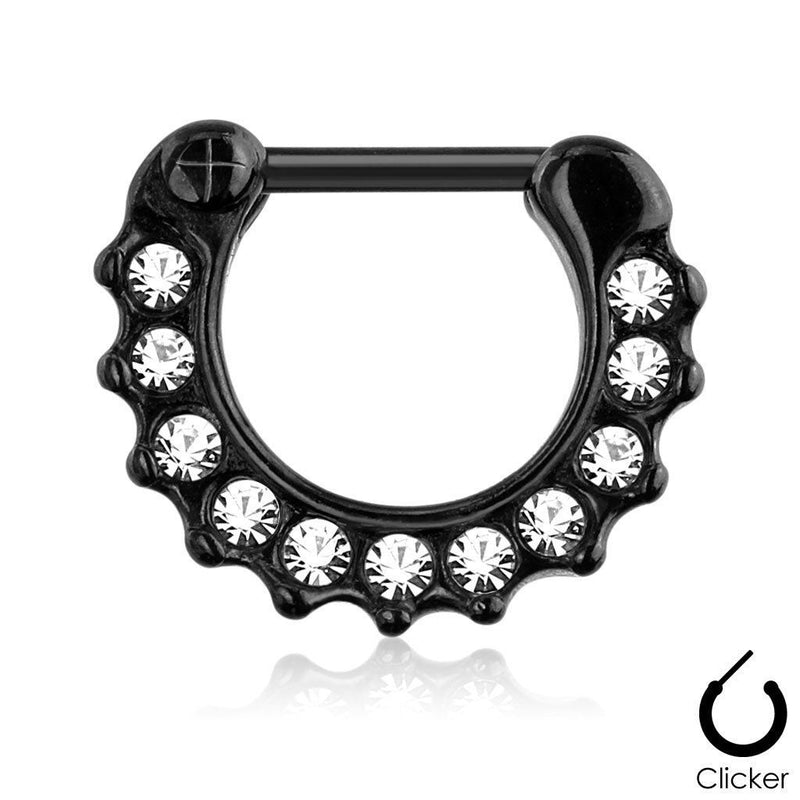 16G PVD coated surgical steel septum ring with five prong-set pink opal gems for a stylish look and easy clicker closure.