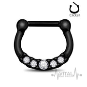 16G surgical steel septum clicker with 5 cubic zirconia gems for added sparkle and a secure, comfortable fit.