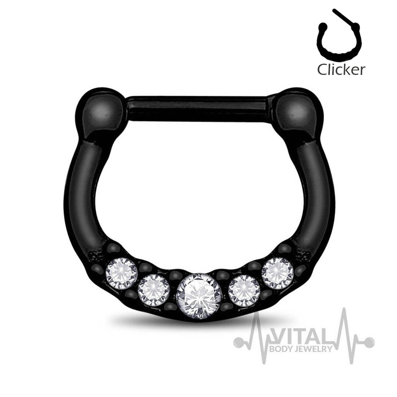 16G surgical steel septum clicker with 5 cubic zirconia gems for added sparkle and a secure, comfortable fit.
