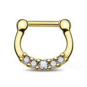 16G surgical steel septum clicker with five cubic zirconia gems and secure design, suitable for sensitive piercings.