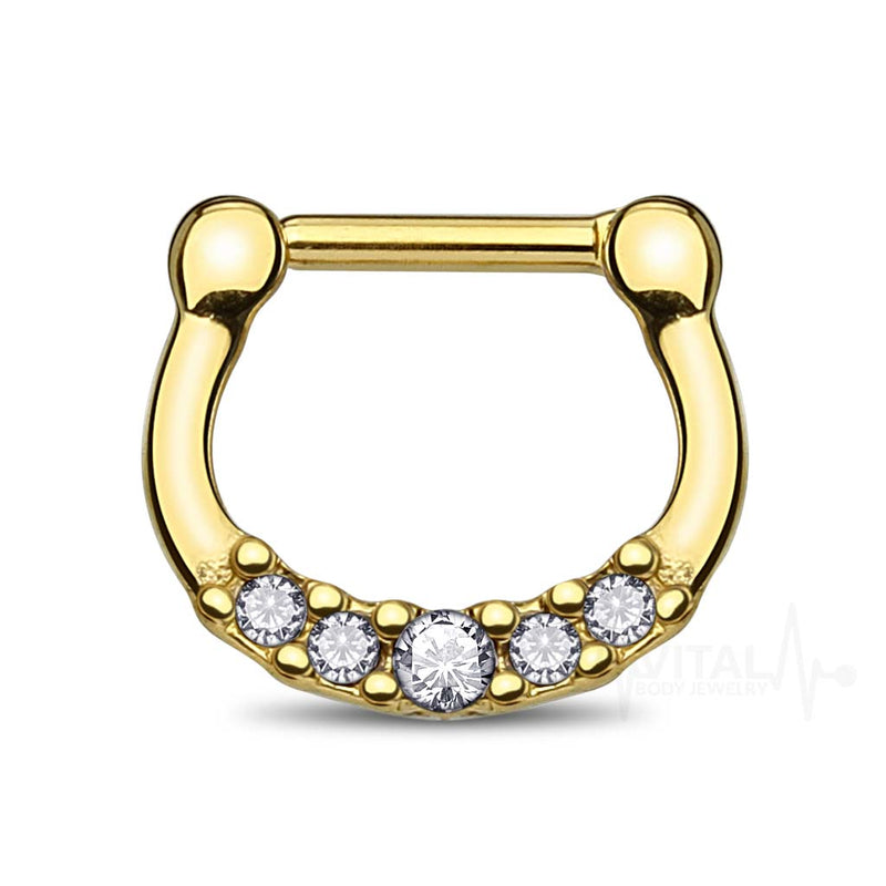 16G surgical steel septum clicker with five cubic zirconia gems and secure design, suitable for sensitive piercings.