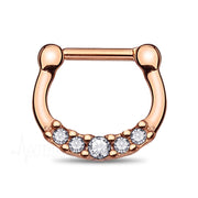 16G PVD coated surgical steel septum clicker with five cubic zirconia gems for a sparkling, elegant look.