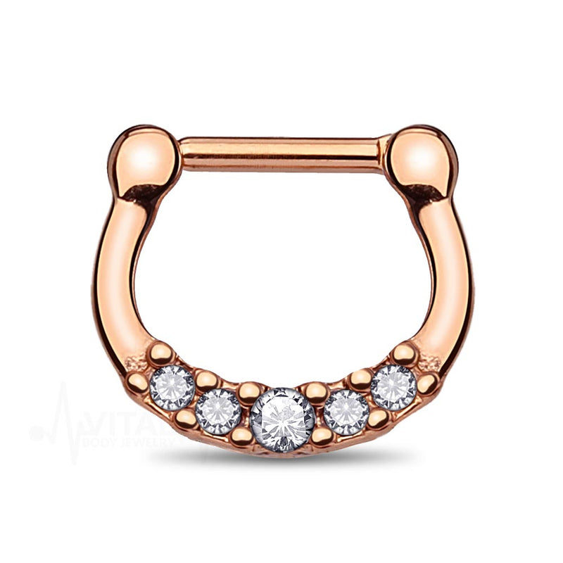 16G PVD coated surgical steel septum clicker with five cubic zirconia gems for a sparkling, elegant look.