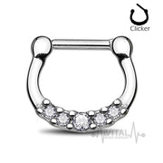 16G surgical steel septum clicker with 5 cubic zirconia gems for a sparkling, elegant style and comfortable all-day wear.
