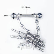 14G surgical steel nipple rings with skeleton hands dangle design for a unique gothic style, ideal for comfortable and long-lasting wear.