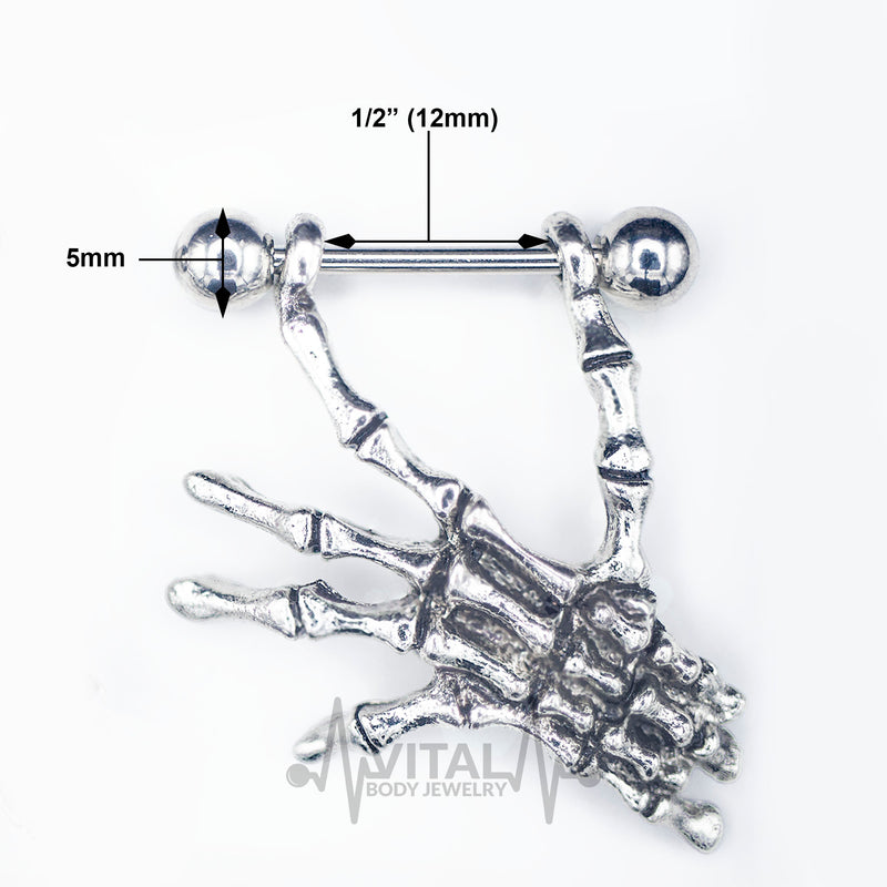 14G surgical steel nipple rings with skeleton hands dangle design for a unique gothic style, ideal for comfortable and long-lasting wear.