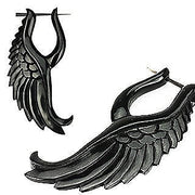 16G organic water buffalo horn earrings with angelic wing design, lightweight and uniquely handcrafted for healed piercings.