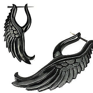 16G organic water buffalo horn earrings with angelic wing design, lightweight and uniquely handcrafted for healed piercings.