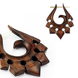 16G sono wood tribal ornament earrings with hand-carved design for unique style and lightweight comfort, ideal for sensitive skin.