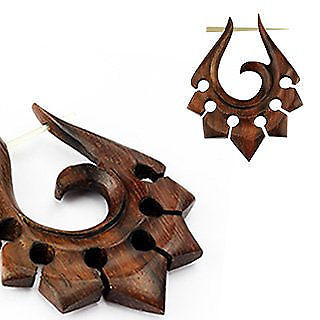 Wood: Pair of Organic Hand Carved Sono Wood Tribal Ornament Stirrup Hanger Earring (Vital Body Jewelry) - vitalbodyjewelry