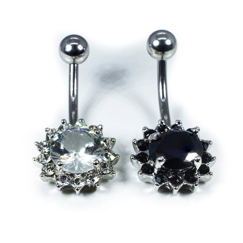14G surgical steel belly ring with cubic zirconia flower design, externally threaded for a secure and comfortable fit