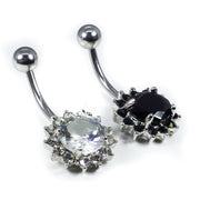14G surgical steel belly ring with CZ flower design for navel piercing, featuring an externally threaded shaft and a 5mm ball end.