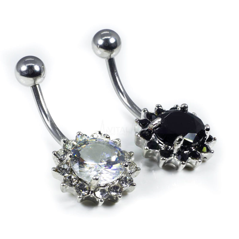 14G surgical steel belly ring with CZ flower design for navel piercing, featuring an externally threaded shaft and a 5mm ball end.