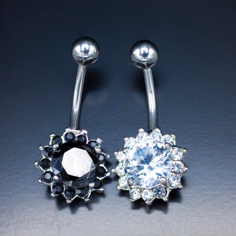 14G surgical steel belly ring with cubic zirconia flower design for navel piercing, featuring externally threaded ball for comfort.