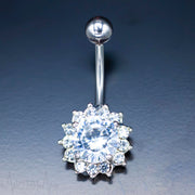 14G surgical steel belly ring with cubic zirconia flower design for navel piercing, featuring externally threaded ball end.