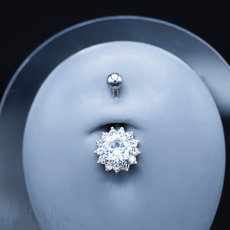 14G Surgical Steel Belly Ring - CZ Flower Design