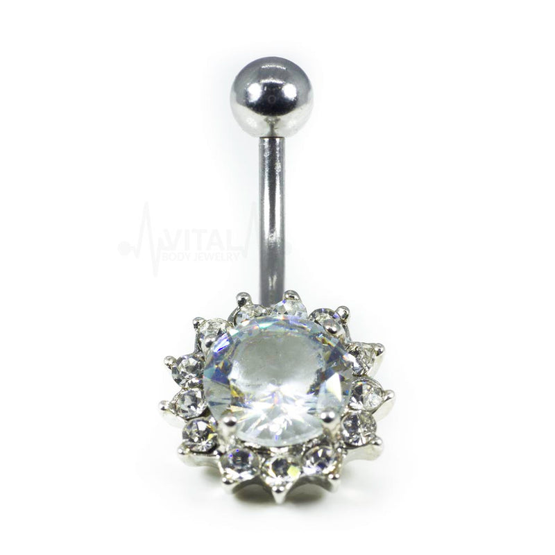 14G Surgical Steel Belly Ring - CZ Flower Design