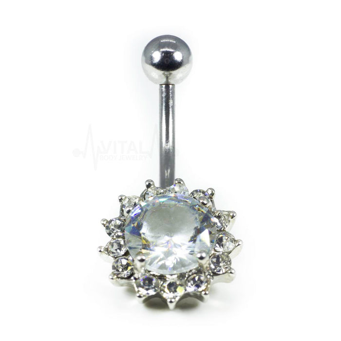 Cubic Zirconia Flower Navel Belly Ring, 14G, Externally Threaded, Surgical Steel