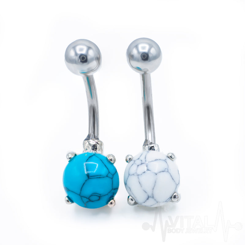 14G surgical steel belly button ring with turquoise and howlite stones, externally threaded for secure fit and comfort.