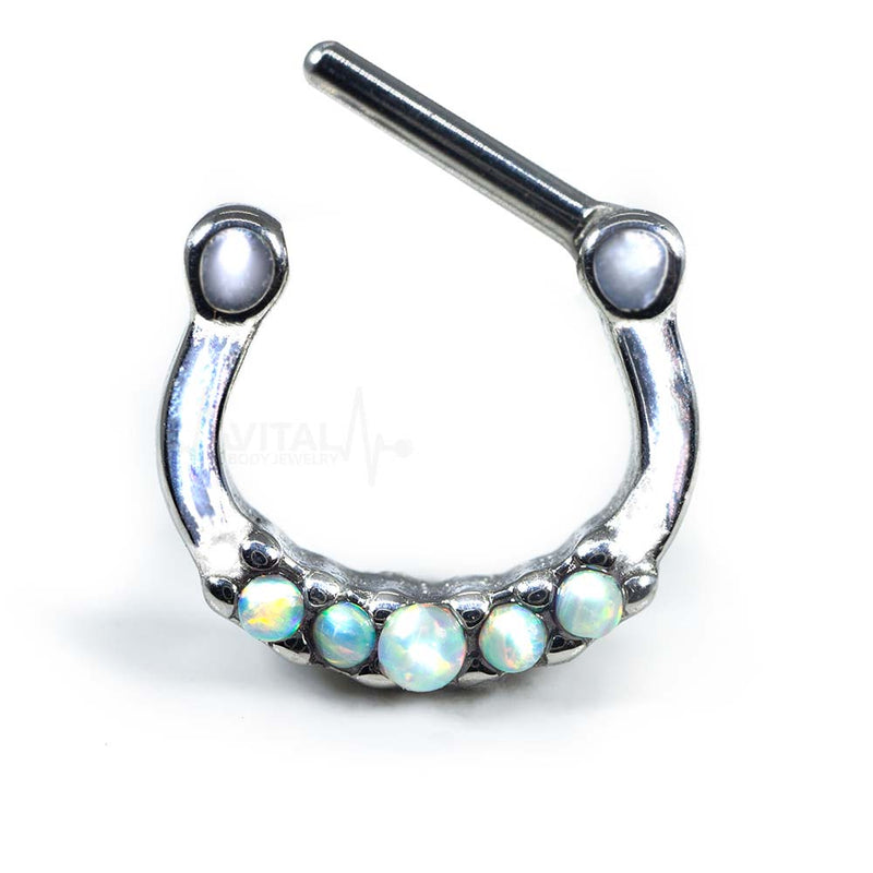 16G surgical steel septum ring with five white opals reflecting light for an elegant and eye-catching design