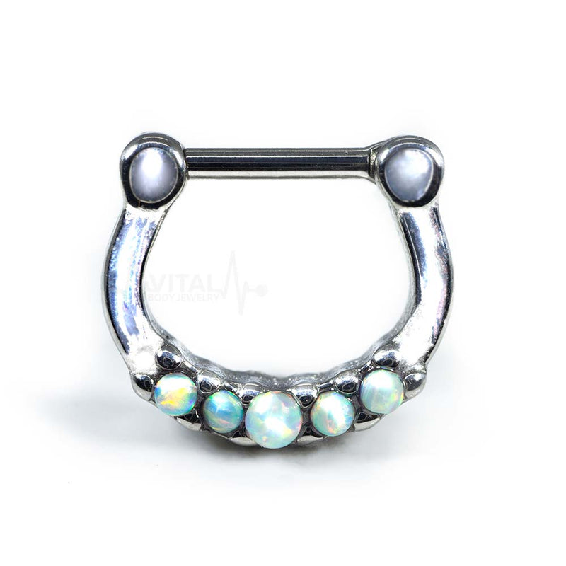 16G surgical steel septum ring with five white opals reflecting light, designed for comfortable wear with a clicker mechanism