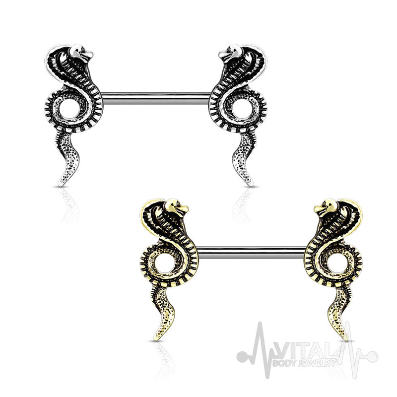 14G surgical steel nipple rings with intricate cobra design for a bold statement in body jewelry, providing secure and comfortable wear.