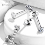16G titanium labret stud with 3mm cubic zirconia gem, internally threaded design for comfortable lip piercing.