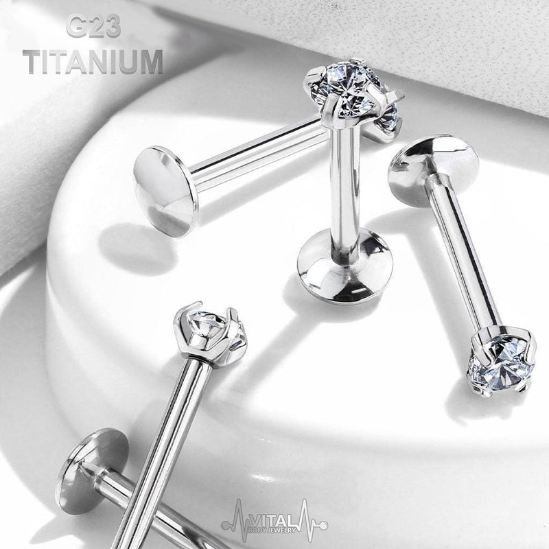 16G titanium labret stud with 3mm cubic zirconia gem, internally threaded design for comfortable lip piercing.