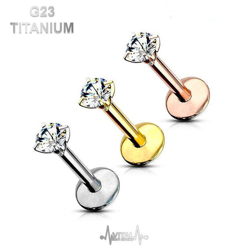 16G titanium labret stud with clear cubic zirconia gem, internally threaded design for comfortable lip piercing.