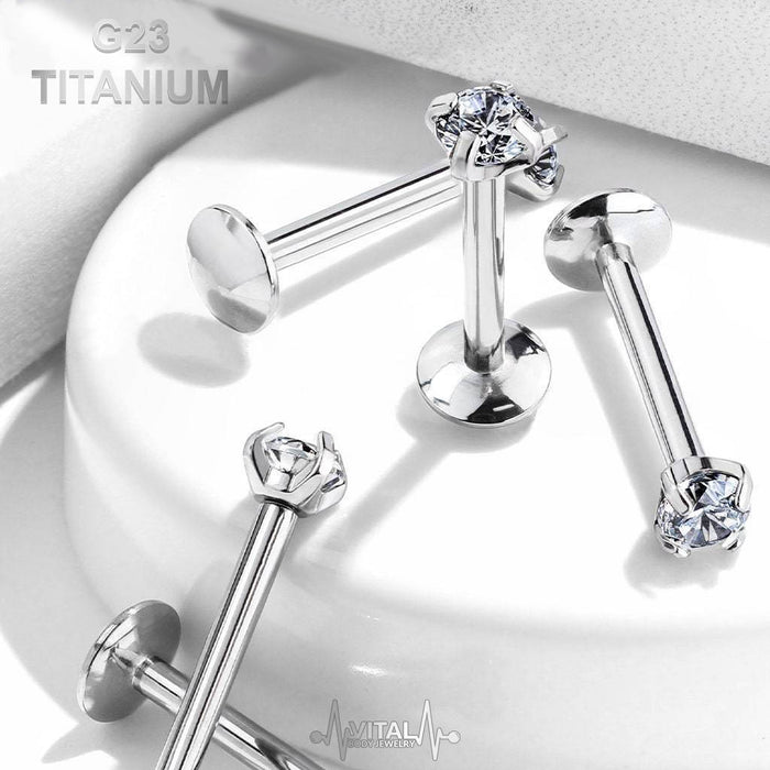 16G Titanium Labret Studs, , Prong Set, Cubic Zirconia, Clear Diamond Gem, Internally Threaded • Vital Body Jewelry