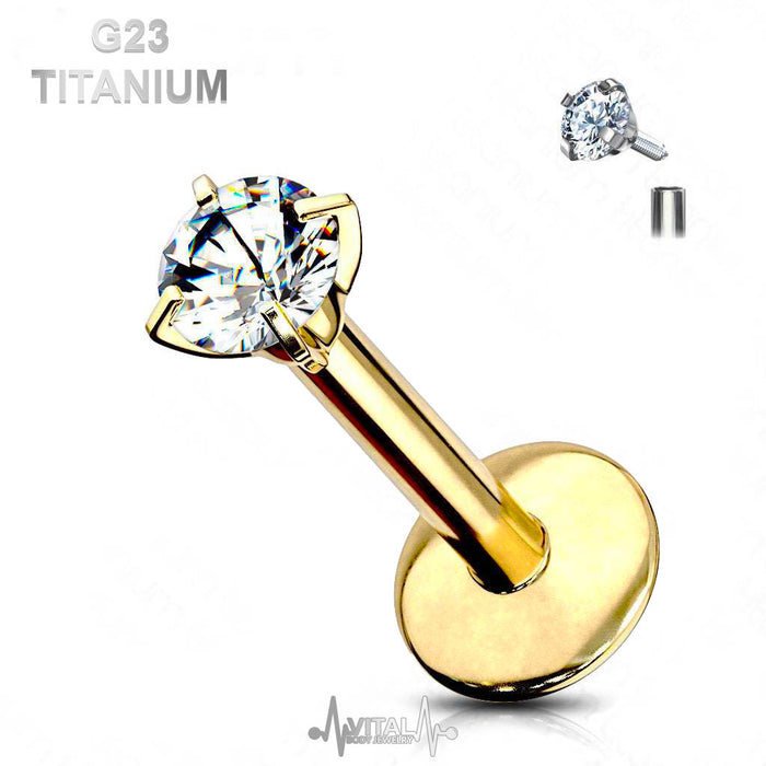 16G Titanium Labret Studs, , Prong Set, Cubic Zirconia, Clear Diamond Gem, Internally Threaded • Vital Body Jewelry